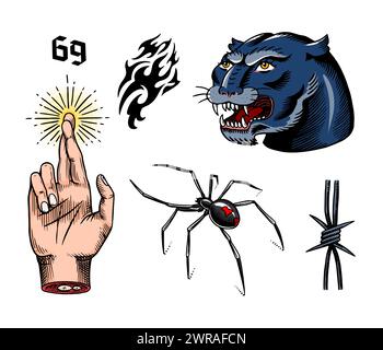 Old school Tattoo. tiger und Lippen, Adler und schlucken, Schädel und Vogel in Rock Stil. Graviert Hand gezeichnet Vintage Retro Skizze für Notebook oder Logo Stock Vektor