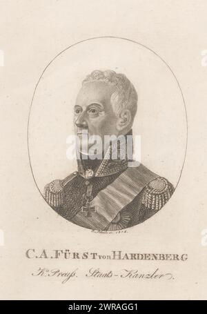 C. A. Fürst von Hardenberg (Titel zum Objekt), Porträt Karl August von Hardenberg, preußischer Staatsmann, Druckerei: Christian Schule, Verlag: gebroeders Schumann, Zwickau, 1814, Papier, Ätzen, Höhe 199 mm x Breite 130 mm, bedruckt Stockfoto