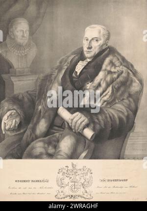 Porträt von Gijsbert Karel van Hogendorp, Gysbert Karel Grave van Hogendorp (...) (Titel auf Objekt), links vom Sitter eine Büste von Wilhelm I. Unter dem Porträt das Familienwappen., Druckerei: Henricus Leonardus van den Houten, nach Malerei von: Cornelis Cels, Drucker: Johannes Paulus Houtman, Utrecht, 1828 - 1843, Papier, Höhe 705 mm x Breite 549 mm, Druck Stockfoto