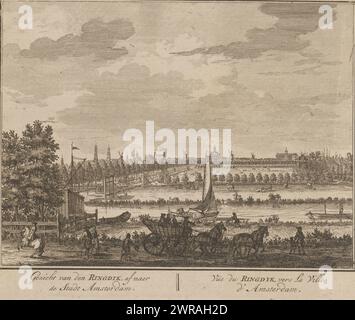 Blick auf den Ringdijk in der Nähe von Amsterdam und das Landgut von Esaie Gillot, Blick auf den Ringdyk, Richtung Stadt Amsterdam / Vüe du Ringdyk, vers la ville d'Amsterdam (Titel auf Objekt), de Buitenplaets van den HR. Esaie Gillot, an der Ecke des Schagerlaen auf der Ringdijk / Maison de Campagne de Monsr. Esaie Gillot sur le Coin du Schager Laen près la Digue (Titel zum Objekt), Druckerei: Anonym, nach Zeichnung von: Daniël Stopendaal, Verlag: Andries de Leth, (möglicherweise), Amsterdam, 1725 - 1768, Papier, Ätzen, Gravieren, Höhe 170 mm x Breite 208 mm x Höhe 167 mm x Breite 210 mm Stockfoto