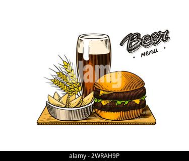 Kombination aus Fast Food und Bier für Barmenü. Burger oder Sandwich und Getränk und Pommes und Weizen. Amerikanisches Banner oder Poster. Party und Urlaub. Die Hand Stock Vektor