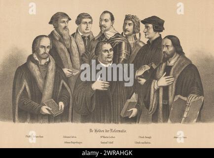 Die Helden der Reformation, CA. 1415-1630 (Titel zum Objekt), Gruppenporträt 'Helden der Reformation' (ca. 1415-1630): Philipp Melanchthon, John Calvin, Johann Bugenhagen, Martin Luther, Gustavus Adolf, Ulrich Zwingli, Ulrich von Hutten und Johannes Hus., Druckerei: Anonym, Niederlande, 1800 - 1899, Papier, Höhe 458 mm x Breite 600 mm, bedruckt Stockfoto