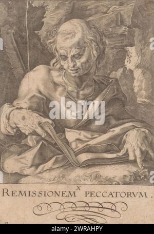 Apostel Simon, Christus und die zwölf Apostel (Serientitel), Druckerei: Jacques Granthomme, nach Druck von: Hendrick Goltzius, 1588 - ca. 1622, Papier, Gravur, Höhe 150 mm x Breite 104 mm, Druck Stockfoto