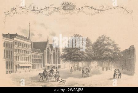 Lange Voorhout in den Haag, View of the Voorhout / Vue du Voorhout (Titel über Objekt), links der Kloosterkerk am lange Voorhout in den Haag. Figuren und Reiter auf dem Pferdeweg auf der Straße., Druckerei: Unbekannt, Druckerei: H. F. Soeterik, (abgelehnte Zuschreibung), den Haag, 1830 - 1850, Papier, Höhe 268 mm x Breite 365 mm, bedruckt Stockfoto