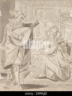 Lautenspielender Gentleman und Lady, Innenraum mit einem Mann und einer Frau, beide Laute spielen. Der Druck ist lose in einem Album, siehe Seite 22., Druckerei: Bernhard Schreuder, nach Zeichnung von: Karel van Mander (I), Cornelis Ploos van Amstel, Amsterdam, 1772 - 1774, Papier, Ätzen, Höhe 169 mm x Breite 136 mm, bedruckt Stockfoto