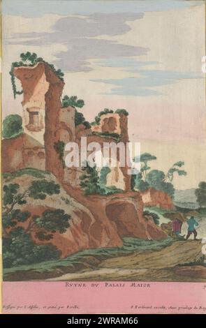 Ruine eines Palastes, Ruyne du Palais Maior (Titel auf Objekt), Ruinen in Italien (Titel auf Objekt), Landschaft mit den Überresten eines Palastes. Rechts drei ruhende Figuren. Titel am unteren Rand. Druck ist Teil eines Albums., Druckerei: Gabriel Perelle, nach Zeichnung: Jan Asselijn, Verlag: Pierre Ferdinand, Druckerei: Frankreich, Verlag: Paris, den Haag, Frankreich, 1627 - 1655 und/oder 1693 - 1717, Papier, Ätzen, Höhe 280 mm x Breite 185 mm, Druck Stockfoto