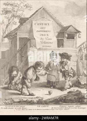 Vier Kinder, die mit einem drehbaren Top spielen, Le Sabot (Titel auf Objekt), verschiedene Spiele der kleinen Schurken von Paris (Titel der Serie), Les différents Jeux des Petits Polissons de Paris (Titel auf Objekt), Druckerei: Augustin de Saint-Aubin, Verlag: Augustin de Saint-Aubin, Paris, 1770, Papier, Ätzen, Gravur, Höhe 218 mm x Breite 183 mm, bedruckt Stockfoto