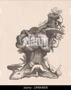 Baum mit Kindern und Tieren, Kinder klettern und spielen auf einem Baum und es gibt verschiedene Tiere wie Schlange, Adler, Eulen und Kaninchen., Druckerei: Willem Hendrik Stam, den Haag, 1841 - 1874, Papier, Höhe 331 mm x Breite 249 mm, Druck Stockfoto