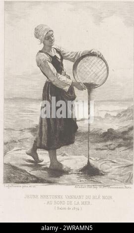 Buchweizen siebte junge Frau, Jeune Bretonne vannant du blé noir au bord de la mer (Titel über Objekt), französische Radierungen von 1875 (Titel der Serie), L'eau-forte en 1875 (Titel der Serie), Druckerei: Frédéric Auguste La Guillermie, nach eigenem Entwurf von: Frédéric Auguste La Guillermie, Verlag: Alfred Cadart, Paris, 1875, Papier, Ätzen, Trockenspitze, Höhe 178 mm x Breite 127 mm, Druck Stockfoto