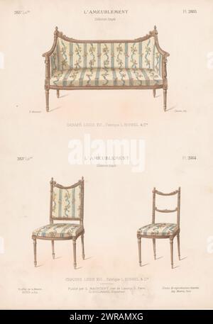 Canapé und zwei Stühle, Canapé Louis XVI / Chaises Louis XVI (Titel auf Objekt), L'ameublement / Collection Simple (Serie Titel auf Objekt), Ein Canapé und zwei Stühle im Louis Print aus dem 283. Livraison., Druckerei: Chanat, Drucker: Monrocq, Verlag: Eugène Maincent, Paris, 1885 - 1895, Papier, Höhe 358 mm x Breite 277 mm, Druck Stockfoto