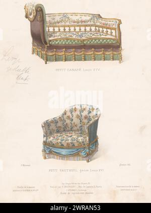 Canapé und Sessel, Petit Canapé Louis XIV / Petit Fauteuil im Louis-Stil. Druck aus dem 291. Livraison., Druckerei: Quéton, Drucker: Becquet frères, Verlag: Eugène Maincent, Paris, 1885 - 1895, Papier, Höhe 357 mm x Breite 273 mm, Druck Stockfoto