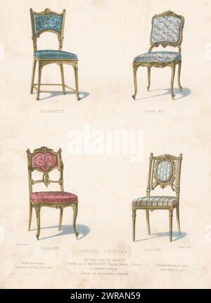 Vier Stühle, Chaises légères / Elisabeth / Louis XV / Louis XIV / Louis XVI (Titel auf Objekt), Le Garde-meuble / Collection de Sièges (Titel auf Objekt), vier Stühle in verschiedenen Stilen. Druck aus dem 288. Livraison., Druckerei: Chanat, Drucker: Becquet frères, Verlag: Eugène Maincent, Paris, 1885 - 1895, Papier, Höhe 358 mm x Breite 275 mm, Druck Stockfoto