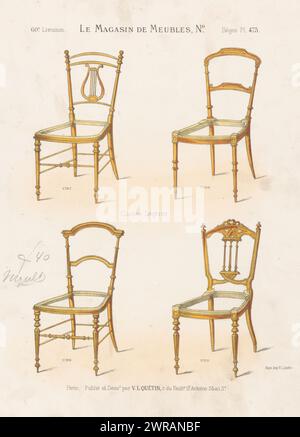 Vier Stühle, Chaises Légères (Titel auf Objekt), Le Magasin de Meubles / Sièges (Titel auf Objekt), vier Stühle. Druck aus 60. Livraison., Druckerei: Anonym, nach Entwurf: Victor Léon Michel Quétin, Drucker: Victor Léon Michel Quétin, Paris, 1878 - in oder nach 1904, Papier, Höhe 359 mm x Breite 265 mm, Druck Stockfoto