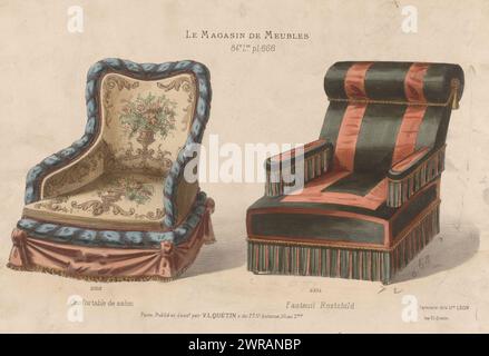 Zwei Sessel, Confortable de Salon / Fauteuil Rothschild (Titel auf Objekt), Le Magasin de Meubles (Titel auf Objekt), zwei Sessel. Druck aus 84. Livraison., Druckerei: Anonym, nach Entwurf: Victor Léon Michel Quétin, Drucker: Victor Léon Michel Quétin, Paris, 1878 - in oder nach 1904, Papier, Höhe 276 mm x Breite 359 mm, Druck Stockfoto