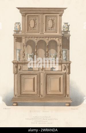 Sideboard, Buffet Henri II (Titel auf Objekt), Le Garde-meuble / Collection de Meubles (Titel auf Objekt), Ein Sideboard im Stil Henry II. Druck aus dem 291. Livraison., Druckerei: Chanat, Drucker: Becquet frères, Verlag: Eugène Maincent, Paris, 1885 - 1895, Papier, Höhe 357 mm x Breite 275 mm, Druck Stockfoto