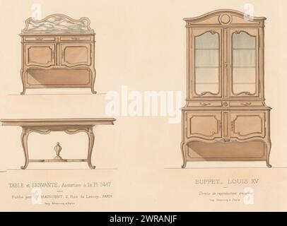 Schrank, Tisch und Sideboard, Table et servante / Buffet, Louis XV (Titel auf Objekt), L'ameublement / Collection Simple (Serientitel auf Objekt), Ein niedriger Schrank, rechteckiger Tisch und Sideboard im Stil Louis XV. Druck aus 323. Livraison., Druckerei: Léon Laroche, Drucker: Monrocq, Verlag: weduwe Eugène Maincent, Paris, 1895, Papier, Höhe 276 mm x Breite 356 mm, Druck Stockfoto