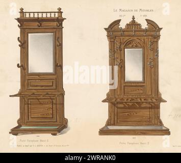 Zwei Möbelstücke mit Spiegel und Garderobenständern, Porte Parapluies Henri II (Titel auf Objekt), Le Magasin de Meubles (Serientitel auf Objekt), zwei Möbelstücke mit Spiegel, Garderobenständer und Schirmständer im Stil Heinrich II. Druck aus 86. Livraison., Druckerei: Anonym, nach Entwurf: Victor Léon Michel Quétin, Drucker: Victor Léon Michel Quétin, Paris, 1878 - in oder nach 1904, Papier, Höhe 275 mm x Breite 359 mm, Druck Stockfoto