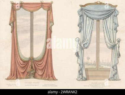 Zwei Fenster mit Vorhängen, Croisée Drapée (Titel auf Objekt), L'ameublement / Collection Simple (Serientitel), zwei Fenster mit Vorhängen. Druck aus dem 277. Livraison., Druckerei: Léon Laroche, Drucker: Becquet frères, Verlag: Eugène Maincent, Paris, 1885 - 1895, Papier, Höhe 275 mm x Breite 359 mm, bedruckt Stockfoto