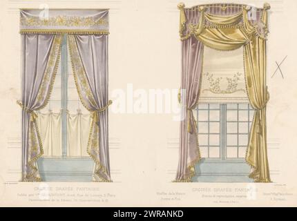 Zwei Fenster mit Vorhängen, Croisée drapée fantaisie (Titel auf Objekt), L'ameublement / Collection Simple (Serientitel), zwei Fenster mit Vorhängen. Druck aus dem 298. Livraison., Druckerei: Léon Laroche, Drucker: Monrocq, Verlag: weduwe Eugène Maincent, Paris, 1895, Papier, Höhe 276 mm x Breite 357 mm, Druck Stockfoto