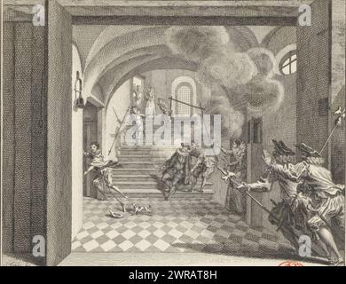 Ermordung des Prinzen von Orange, 1584, des Prinzen von Orange, ermordet in Delft von Balthasar Gerards, 10. Juli 1584. William von Orange wurde auf der Treppe erschossen und stürzt zusammen, der Mörder flieht nach links. Im rechten Vordergrund zwei Rushguards., Druckerei: Simon Fokke, Amsterdam, ab 1752, Papier, Ätzen, Gravur, Höhe 168 mm x Breite 204 mm, Druck Stockfoto