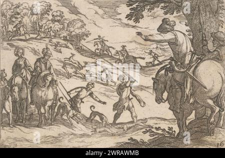 Jagd auf Hasen und einen Hirsch, Jagdszenen (Teil 1) (Serientitel), Landschaft mit Jägern mit Jagdhunden Jagd auf Hasen und einen Hirsch., Druckerei: Antonio Tempesta, Nereo Dracomannio, Antonio Tempesta, Italien, 1595, Papier, Ätzen, Höhe 83 mm x Breite 122 mm, Druck Stockfoto