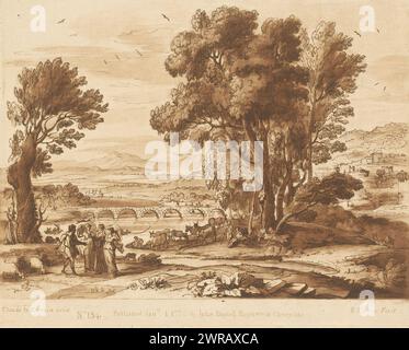 Landschaft mit Jacob, Laban, Leah und Rachel, Drucke nach Zeichnungen von Claude Lorrain (Serientitel), Liber Veritatis. Oder eine Sammlung von zweihundert Drucken, nach den Originalentwürfen von Claude le Lorrain (...) (Titel der Serie), Druckerei: Richard Earlom, nach Zeichnung von: Claude Lorrain, Herausgeber: John Boydell, London, 1. Januar 1776, Papier, Ätzen, Höhe 207 mm x Breite 258 mm, bedruckt Stockfoto