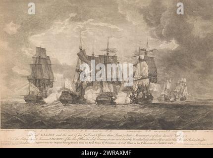 Französische und englische Flotte während einer Seeschlacht, die Fregatten während der 'Schlacht am Bischofshof' auch bekannt als 'die Niederlage von Thurot', die am 28. Februar 1760 während des Siebenjährigen Krieges stattfand, Druckerei: John Miller, nach Malerei von: Richard Wright, John Miller, 30-Mai-1762, Papier, Radierung, Gravur, Höhe 430 mm x Breite 625 mm, bedruckt Stockfoto