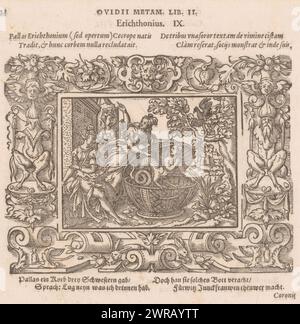 Töchter von Cecrops öffnen Minervas Korb, Erichthonius (Titel auf Objekt), die Töchter von Cecrops öffnen den Korb, den Minerva ihnen anvertraut hat. Im Korb ist das Kind Erichthonius, das zu ihrem Entsetzen einen Schlangenschwanz hat. Eine Krähe aus einem Baum., Druckerei: Virgilius Solis, Verlag: Georg Rab, Verlag: Sigmund Feyerabend, Druckerei: Neurenberg, Verlag: Frankfurt am Main, Verlag: Frankfurt am Main, Verlag: Frankfurt am Main, Verlag: Frankfurt am Main, 1569, Papier, Buchdruck, Höhe 80 mm x Breite 60 mm x Höhe 100 mm x Breite 130 mm, Höhe 150 mm x Breite 183 mm Stockfoto