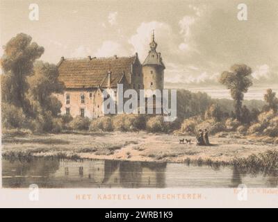 Schloss Rechteren, die Burg befindet sich auf der Overijsselse Vecht. Zwei Frauen und ein Kind gehen mit zwei Hunden am Wasser., Druckerei: Jacob Jan van der Maaten, Drucker: Koninklijke Nederlandse Steendrukkerij van C.W. Mieling, den Haag, 1854 - 1861, Papier, Höhe 250 mm x Breite 330 mm, Druck Stockfoto