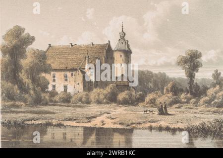 Schloss Rechteren, die Burg befindet sich auf der Overijsselse Vecht. Zwei Frauen und ein Kind gehen mit zwei Hunden in der Nähe des Wassers., Druckerei: Jacob Jan van der Maaten, nach Entwurf: Cornelis Springer, 1854 - 1861, Papier, Höhe 170 mm x Breite 250 mm, Druck Stockfoto