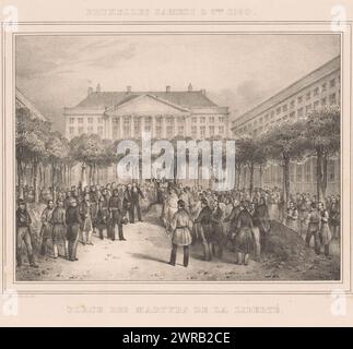 Begräbnis der Toten auf dem Martelaarsplein in Brüssel, 1830, Bruxelles samedi 2 8bre. 1830 (Titel über Objekt), Place des Martyrs de la Liberté (Titel über Objekt), Drucke der Serie Evénemens de Bruxelles, Anvers (...) (1831) (Titel der Serie), auf dem Martelarenplein in Brüssel, ehemals St. Michael's Square, ein Gottesdienst bei der Beerdigung der Gefallenen, 2. Oktober 1830, Druckerei: Jean-Louis Van Hemelryck, Drucker: Jean Baptiste Ambroise Marcellin Jobard, Brüssel, 1830, Papier, Höhe 235 mm x Breite 302 mm, Druck Stockfoto