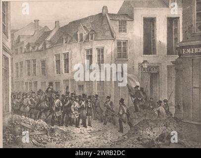 Barricade im Leuvenseweg in Brüssel, 1830, Bruxelles (Titel zum Objekt), Journée du 23 7bre. 1830, Rue de Louvain (Titel über Objekt), Drucke der Serie Evénemens de Bruxelles, Anvers (...) (1831) (Serientitel), belgische Rebellen versammeln sich am 23. September 1830 im Leuvenseweg (Rue de Louvain) in Brüssel, Druckerei: Jean-Louis Van Hemelryck, Drucker: Jean Baptiste Ambroise Marcellin Jobard, Brüssel, 1830, Papier, Höhe 220 mm x Breite 256 mm, Druck Stockfoto