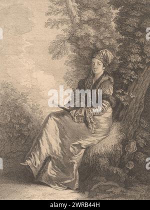 Porträt einer traumhaften Frau mit einem Fan, La rêveuse (Titel auf Objekt), Druckerei: Pierre Alexandre Aveline, nach Malerei von Jean Antoine Watteau, Verlag: Edme Francois Gersaint, Druckerei: Frankreich, Verlag: Paris, 1712 - 1760, Papier, Ätzen, Höhe 277 mm x Breite 195 mm, bedruckt Stockfoto