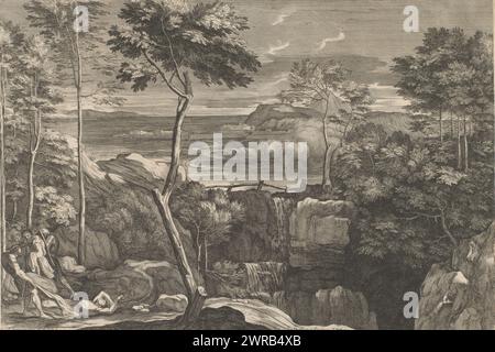 Landschaft mit dem Gleichnis vom barmherzigen Samariter, Landschaften mit biblischen Szenen (Serientitel), Druckerei: Sébastien Bourdon, nach Malerei von: Sébastien Bourdon, Verlag: Sébastien Bourdon, Paris, 1626 - 1671, Papier, Ätzen, Höhe 295 mm x Breite 435 mm, bedruckt Stockfoto