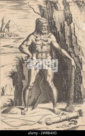 Hercules in einer Landschaft, Druckerei: René Boyvin, nach Entwurf von: Luca Penni, 1535 - 1598, Papier, Gravur, Höhe 312 mm x Breite 205 mm, Druck Stockfoto