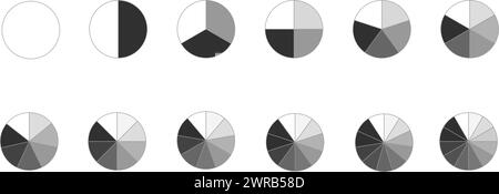 Kreis wird in Schichten von 1 bis 12 unterteilt. Vorlagen für Donut- oder Tortendiagramme. Runde Formen, die zu gleichen Teilen geschnitten werden. Satz segmentierter Raddiagramme, isoliert auf weißem Hintergrund. Vektorgrafik. Stock Vektor