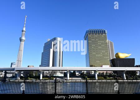 Skyline von Sumida City (Tokyo Skytree, Hauptsitz der Asahi-Brauereien) vom Fluss mit blauem Himmel aus gesehen – Sumida City, Tokio, Japan – 27. Februar 2024 Stockfoto