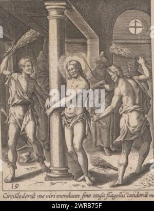 Flagellation, Leben, Leidenschaft und Auferstehung Christi (Serientitel), Vita, passio et resurrectio Jesu Christi (Serientitel), nummeriert unten links: 19., Druckerei: Heinrich Ulrich, Deutschland, 1582 - 1671, Papier, Gravur, Höhe 88 mm x Breite 72 mm, bedruckt Stockfoto