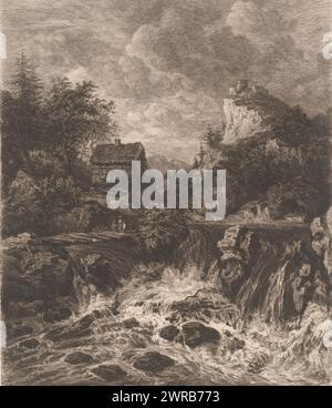 Landschaft mit Wasserfall, Druckerei: William Unger, nach Malerei von Jacob Isaacksz van Ruisdael, Deutschland, 1847 - 1889, Papier, Ätzen, Höhe 240 mm x Breite 178 mm, bedruckt Stockfoto