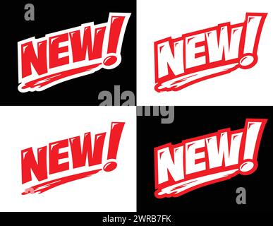 Rotes Zeichen Neu im Comic-Stil. Vektoretikett, Aufkleber auf transparentem und schwarzem Hintergrund Stock Vektor