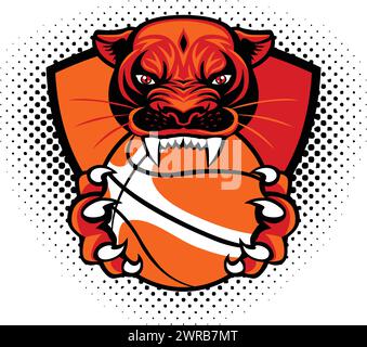 Basketballclub-Logo-Vorlage. Kopf des Tigers oder Panthers, jaguar, Löwe mit Basketballball in Krallen, Zähne. Vektor auf transparentem Hintergrund Stock Vektor