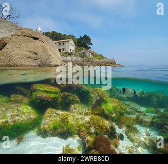 Küste mit altes Haus am Ufer des Atlantischen Ozeans in Spanien, geteilter Blick zur Hälfte über und unter der Wasseroberfläche, natürliche Szene, Galicien Stockfoto