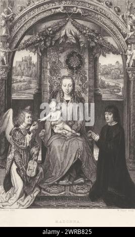 Throned Mary with Child, Madonna (Titel über Objekt), Druckerei: William Unger, nach Malerei von Hans Memling, Drucker: A. Pisani, Wien, 1861 - 1889, Papier, Ätzen, Höhe 300 mm x Breite 207 mm, bedruckt Stockfoto