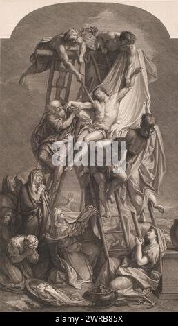 Abstieg vom Kreuz, Druckerei: Benoît Audran (I), nach Malerei von: Charles Le Brun, Verlag: Benoît Audran (I), Druckerei: Frankreich, Verlag: Paris, 1671 - 1721, Papier, Ätzen, Gravieren, Höhe 725 mm x Breite 414 mm, Druck Stockfoto