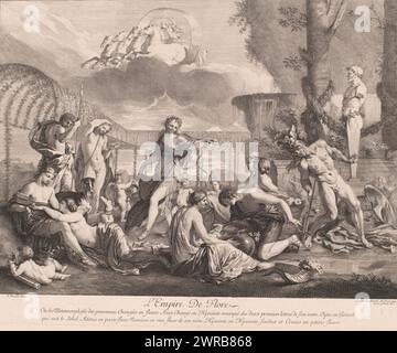 Empire of Flora, L'Empire de Flore (Titel über Objekt), Druckerei: Gérard Audran, nach Malerei von Nicolas Poussin, Lodewijk XIV (koning van Frankrijk), Frankreich, 1650 - 1703, Papier, Ätzen, Gravur, Höhe 415 mm x Breite 529 mm, bedruckt Stockfoto