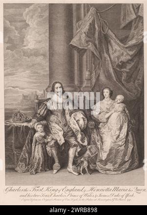 Porträt von König Karl I. von England und Königin Henrietta Maria von Frankreich mit ihren Söhnen Charles und James, Buchmacher: Bernard Baron, nach Malerei von Anthony van Dyck, Kensington, (möglicherweise), 1741, Papier, Ätzen, Höhe 570 mm x Breite 419 mm, bedruckt Stockfoto