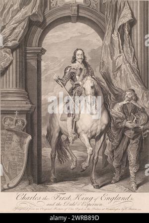 Porträt von König Karl I. zu Pferd und Bernard de Nogaret de La Valette, Herzog von Epernon, Karl I., König von England und Herzog von Espernon (Titel über Objekt), Druckerei: Bernard Baron, nach Malerei von Anthony van Dyck, Kensington, (möglicherweise), 1741, Papier, Ätzen, Gravieren, Höhe 570 mm x Breite 424 mm, Druck Stockfoto