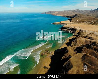 Luftbild: Duenenlandschaft, Atlantischer Ozean bei Istmo de La Pared, Jandia, Fuerteventura, Kanarische Inseln, Spanien/Fuerteventura, Kanarische Inseln Stockfoto