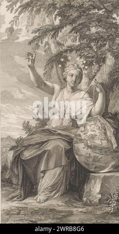 Urania, Les peintures de Charles le Brun et d'Eustache Le Sueur qui sont dans (...) la maison du Président Lambert (Titel der Serie), Urania, die Muse der Astronomie, sitzt unter einem Baum in der Nähe eines Globus mit den Sternbildern und hält einen Kompass in der Hand. Sie wird von einem Kreis von Sternen gekrönt. Nach dem Gemälde, das in der Musenkammer des Hôtel Lambert hing. Druck ist Teil einer Druckserie nach den Gemälden im Hôtel Lambert in Paris., Druckerei: Bernard Picart, nach Zeichnung von: Bernard Picart, nach Malerei von: Eustache Lesueur, Paris, 1740, Papier, Radierung, Gravur Stockfoto