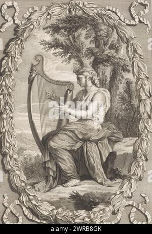 Terpsichore, Les peintures de Charles le Brun et d'Eustache Le Sueur qui sont dans (...) la maison du Président Lambert (Titel der Serie), Terpsichore, die Muse des Liedes und Tanzes, heute als Muse Calliope bezeichnet, sitzt unter einem Baum und spielt Harfe. Nach dem Gemälde, das in der Musenkammer des Hôtel Lambert hing. Druck ist Teil einer Druckserie nach den Gemälden im Hôtel Lambert in Paris., Druckerei: Bernard Picart, nach Zeichnung von: Bernard Picart, nach Malerei von: Eustache Lesueur, Paris, 1740, Papier, Radierung, Gravur, Höhe 335 mm x Breite 218 mm Stockfoto